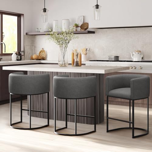 Counter Height Bar Stools Set of 3, 24 Inch Seat Height Barstools for Dining Room, Fabric Upholstered Bar Chair for Kitchen Island, Linen Counter Stools with Metal Legs, Carbon Black - Image 7