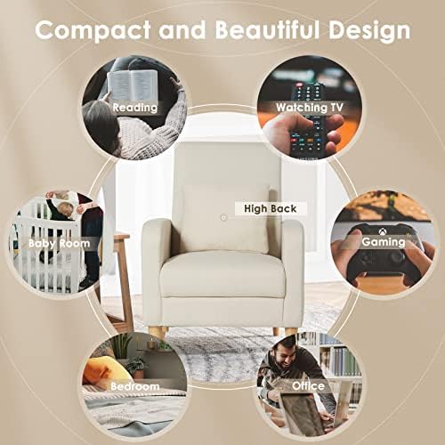 COLAMY Mid-Century Modern Accent Chair, Fabric Upholstered Living Room Chair with Back Pillow & Solid Wood Legs, Comfy Armchair for Living Room, Bedroom, Single Sofa, Beige - Image 6