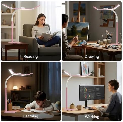 LED Desk Lamp for Home Office with Base, 28.2" Adjustable Gooseneck Swing Arm Bright Desk Light, Dimmable Architect Table Lamp for Desktop Computer Light, Reading, Study, Workbench(Pink) - Image 7