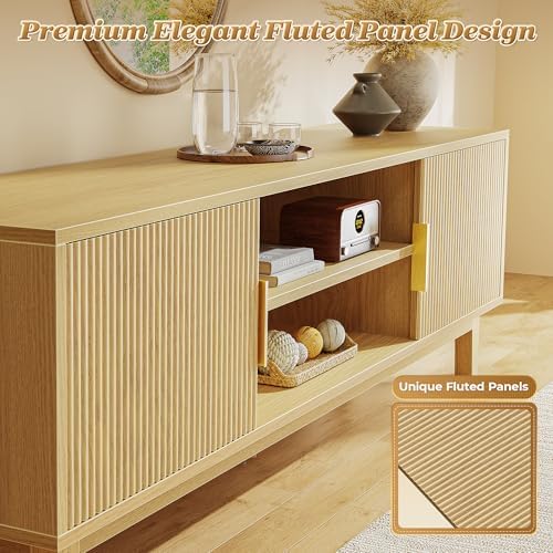 PRAISUN 54 Inch Fluted TV Stand for TVs Up to 55, 60 Inch, Mid Century Modern Entertainment Center with Storage, TV Console with Adjustable Shelves, Midea Console for Living Room Bedroom, Beige - Image 7