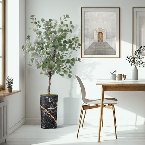 Artificial Tree in Modern Granite Effect Planter, Fake Eucalyptus Silk Tree for Indoor and Outdoor Home Decoration - 66" Overall Tall (Plant Pot Plus Tree) - Image 6