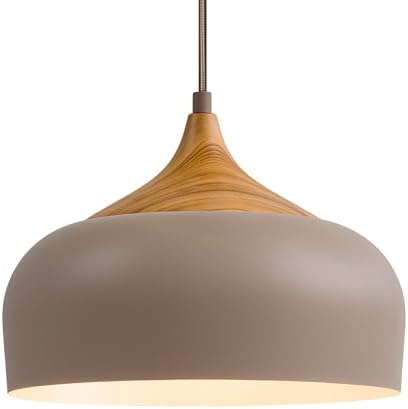 ELYONA 12" Japandi Pendant Light, Farmhouse Pendant Light Fixture with Faux Pine Wood Grain Metal Shade, Adjustable Hanging Light for Kitchen Island Dining Room Bedroom Sloped Ceiling, Caramel Brown by ELYONA