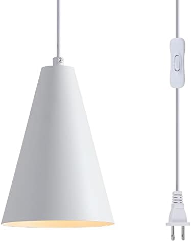 White Plug In Pendant Lights Kitchen Island,Dining Room Light Fixtures Over Table 1 Pack with Cone Metal Shade, Modern Farmhouse Mini Chandeliers with Cord On/Off Switch Hanging Lighting for Sink by DIJIAHUA