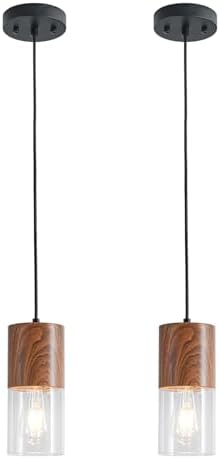 2-Pack Modern Pendant Lights for Kitchen Island, Adjustable Pendant Light Fixtures with Brown Wood Grain, Industrial Clear Glass Pendant Lights for Dining Table Hallway Bedroom Living Room by LINSEEDS