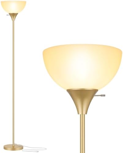 Coucrek Floor Lamp, LED Standing Lamps with White Plastic Shade, Corner Floor Lights for Living Room Bedroom, Rotary Switch, Bulb not Included, Gold by Coucrek