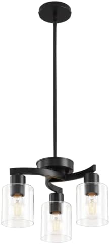 3 Light Black Dining Room Chandelier, Modern Industrial Pendant Light for Kitchen Island, Adjustable Height Hanging Ceiling Light Fixture with Clear Glass Shades,E26 Base,Dimmable by KLSSLighting