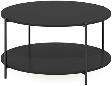 Furinno BESI 2-Tier Round Modern Coffee Table with Metal Legs, Americano - Image 4