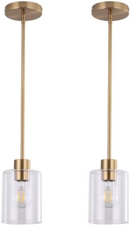 Brass Pendant Lights Kitchen Island,Modern Farmhouse Clear Glass Pendant Light,Gold Light Fixture Kitchen Pendant Mini Hanging Light Fixture for Sink (Brass 2 Pack stem Rod) by KLSSLighting