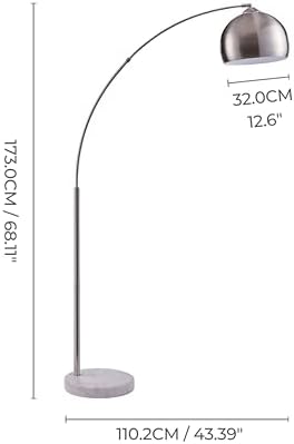 Teamson Home Arquer 68.1" Arc Floor Lamp for Living Rooms, Home Offices, Dining Rooms, Bedrooms with Faux White Marble Base and Nickel Bell Shade - Image 5