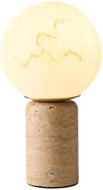 Natural Travertine Table Lamp Cordless Rechargeable Marble Touch Night Light with Glass Shade 3 Color Adjustable LED Dimmable Ambient Lighting for Bedroom Living Room Desk Shelf by Unknown