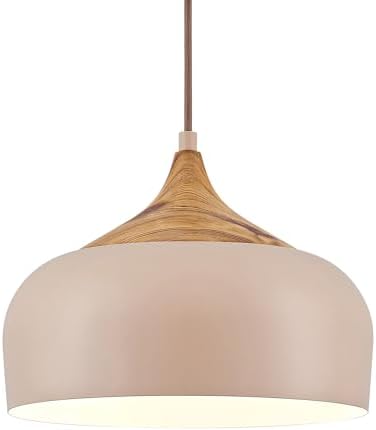 ELYONA 12 Inch Modern Japandi Pendant Light for Kitchen Island Farmhouse Hanging Lamp with Faux Pine Wood Grain Metal Shade, Adjustable Wabi Sabi Ceiling Fixture for Dining Room Bedroom,Light Brown by ELYONA