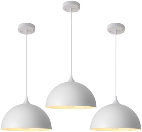 White Pendant Light 3 Pack,11.8 Inch Industrial Pendant Lights Adjustable Height, Farmhouse Pendant Lighting for Kitchen Island for Dining Room, Bedroom, Barn by PINDODO