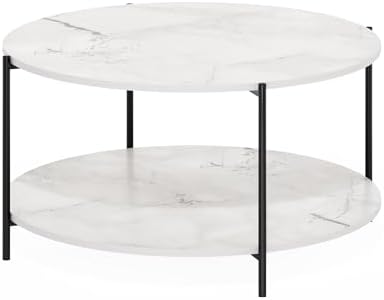 Furinno BESI 2-Tier Round Modern Coffee Table with Metal Legs, Marble White - Image 4
