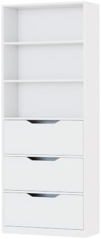 Shintenchi Bookshelf,6-Tier Bookcase with 3 Drawers, 6 Shelf Display Storage Shelves Floor Standing 70.6 inches Tall Bookcase for Home Office, Living Room (White) by Shintenchi%7CFurnitureMadeforRealLife