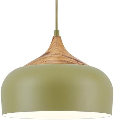 ELYONA Vintage Pendant Light Fixtures with Faux Pine Wood Grain, 12 Inch Adjustable Hanging Light Moss Green Metal Shade, Mid Century Modern Japandi Pendant Lamp for Kitchen Island Dining Room Bedroom by ELYONA