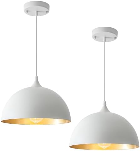 White Pendant Light 2 Pack, 11.8" Farmhouse Pendant Lights Adjustable Height, Modern Pendant Lighting for Kitchen Island Dining Room Bedroom by PINDODO