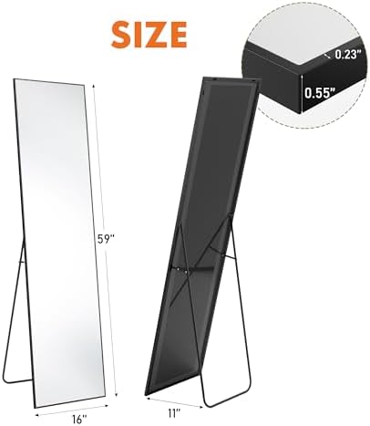 DUMOS Black Full Length Mirror with Stand, 59''x16.5'' Floor Mirrors with Aluminum Alloy Frame for Bedroom, Standing Full Body Mirror with Shatter-Proof Glass for Wall, Living Room, Cloakroom - Image 4