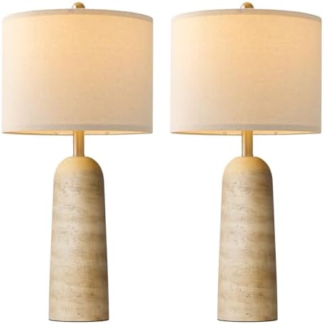 BOBOMOMO Modern Table Lamp Set of 2, Warm Beige Resin Lamp with Natural Stone Look, 27.25" Lamps for Living Room with Linen Shades, Bedside Lamp for Bedroom, Living Room, Nightstand, Entryway - Image 6
