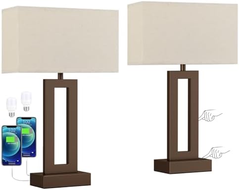 Seealle Bedroom Lamps for Night Stands - Touch Control, 3 Way Dimmable, USB C+A Charging, LED Bulbs, Easy Assembly(Yellow&Brown) by SeealleLighting