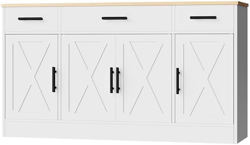 Shintenchi Buffet Cabinet with Storage,53.4" Large Kitchen Storage Cabinet with 3 Drawers and 4 Doors,Wood Farmhouse Buffet Sideboard with Adjustable Shelf for Kitchen Living Room, White by Shintenchi%7CFurnitureMadeforRealLife