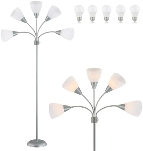 Medusa Modern Decor Floor Lamp, 5 Head Adjustable Gooseneck Lamps for Reading, White Shades Multiple Tall Standing Lamps for Living Room Bedroom Office Kids Classroom, Silver, Bulbs Included by LTGSRCLighting