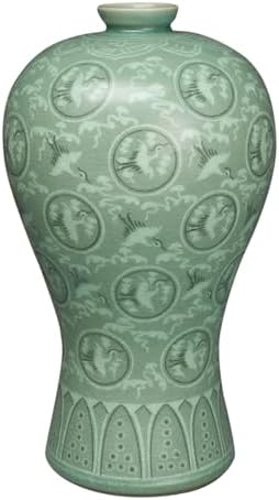 Korean Celadon Glaze Inlaid Clouds and Cranes Pattern Inlay Design Green Decorative Porcelain Ceramic Pottery Home Decor Accent Prunus Vase by AntiqueAlive