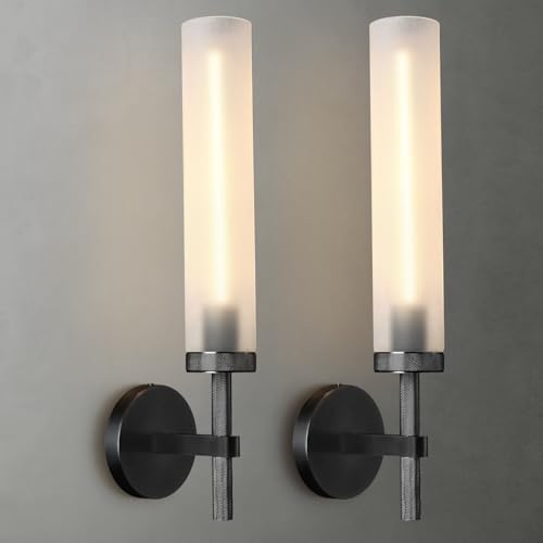 Black Knurled Wall Sconce, 20" Bathroom Wall Sconce 2Pc, Glass Tube and Brass Wall Sconces Lighting, Wall Light Mirror Sconces,Vanity Sconce Lights for Bath, Bedroom, Living Room, Hallway by ZHFLT
