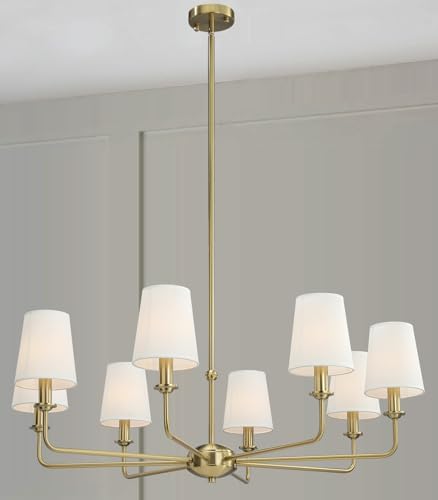 40.5'' 8-Light Brushed Gold Chandelier, E12 Base, White Fabric Shade - Farmhouse & Industrial Style Pendant Light for Dining Room Living Room Bedroom Kitchen by QUENEY