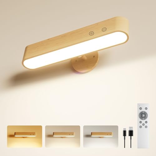 PopoIron 7500 mAh Rechargeable Wall Sconce, Battery Operated LED Wall Light for Bedroom with Remote Control & Touch, 360° Magnetic Rotation, 3 Colours, Dimmable Wood Wall Lamp, 15 RGB Colors, 1p by WelcometoPopoIron