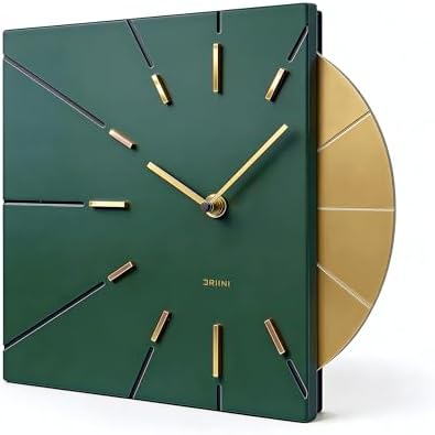 Driini Mid Century Modern Wall Clock, Battery Operated, Green and Gold by Driini
