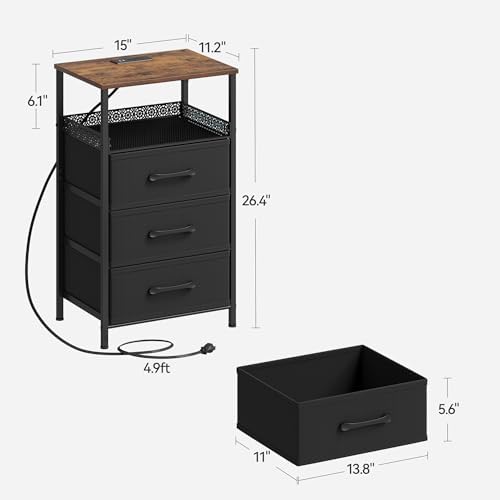 JARHETUN Nightstand Set of 2, Night Stands with Charging Station, 26.4 Inch Tall Bedside Table with Metal Shelf, Modern Side End Table with 3 Fabirc Drawers, Small Dresser for Bedroom, Rustic Brown - Image 3