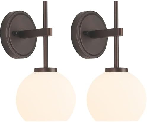 Oil Rubbed Bronze Wireless Rechargeable Wall Sconces Set of 2, Battery Operated Wall Lights with Remote Control, LED Dimmable Wall Lamp with Opal White Glass Shade, 12 Colors RGB & 3 CCT Bulb by SANTOSTOCK