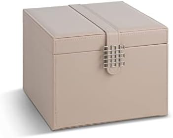 Glenor Co Earring Organizer Holder - 75 Small & 4 Large Slots Classic Jewelry Box with Drawer & Modern Closure, Mirror, 4 Trays Earrings, Ring or Chain Storage - PU Leather Case - Sand - Image 2