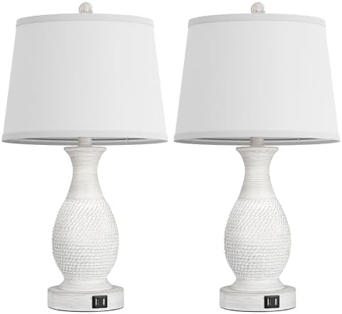 PARTPHONER Set of 2 Table Lamps with USB C+A Fast Charging Ports, 26" Tall Farmhouse Living Room Lamp with 3-Way Dimmable Nightstand Lamp White Fabric Shade for Living Room Bedroom Home Office - Image 2
