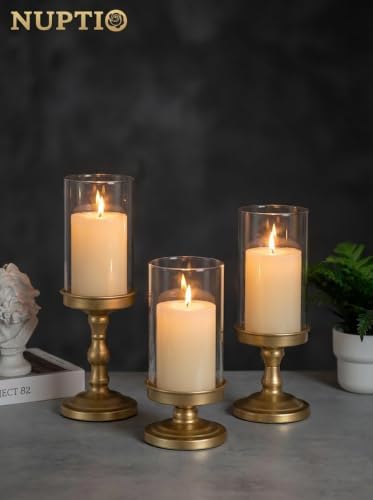 NUPTIO Hurricane Glass Candle Holders: Gold Pillar Candle Table Centerpiece - Image 3