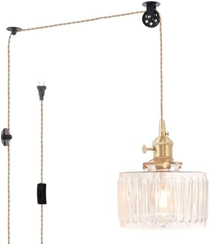 Shenmoyl Plug in Pendant Light Hanging Light Fixture Corded On/Off Switch Brass Pendant Light with Clear Striped Glass Lampshade for Bedroom Living Room Kitchen Island by Shenmoyl