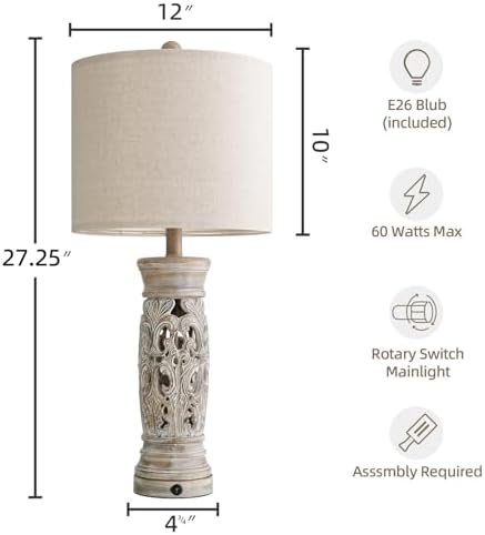27.25”Farmhouse Table Lamps Set of 2 with Night Light, Rustic Bedside Lamp - Image 6