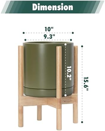 D'vine Dev Ceramic Pot with Natural Wood Stand, Olive, 10 in, 55-B-K-J - Image 3