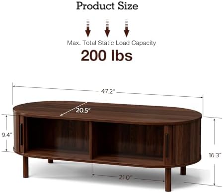 ZttRiee Oval Coffee Table with Sliding Doors, Mid-Century, Walnut - Image 2