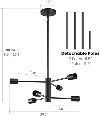 RUIYEY Modern Sputnik Chandeliers Light, 6-Light Black Chandeliers for Dining Room, Height Adjustable Ceiling Lights Farmhouse Chandelier for Kitchen Island Living Room Bedroom Visit the Store - Image 2
