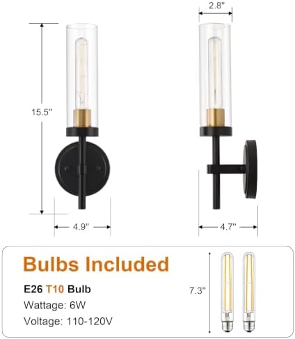 Hardwired Wall Sconces Set of Two, Bathroom Vanity Sconces Wall Lighting with Clear Glass Shade, Black and Gold Modern Farmhouse Wall Mount Lights for Mirror Bedroom Living Room Hallway Entryway - Image 5