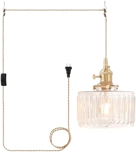 Shenmoyl Plug in Pendant Light Hanging Light Fixtures with Plugin Cord On/Off Switch,Clear Striped Glass Lampshade Brass Pendant Light by Shenmoyl