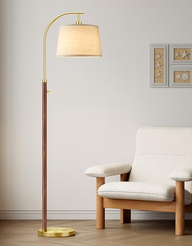 Dimmable Floor Lamp for Living Room, 65" Tall Metal Standing Lamp with LED Bulb, Mid Century Modern Arc Floor Lamp with Linen Shade for Bedroom, Reading Room, Office & Nursery, Gold and Walnut Color by PARTPHONER