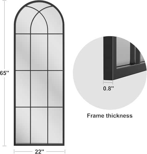 Dewfig Arched Full Length Mirror, 65"x 22" Windowpane Floor Mirror, Black - Image 3