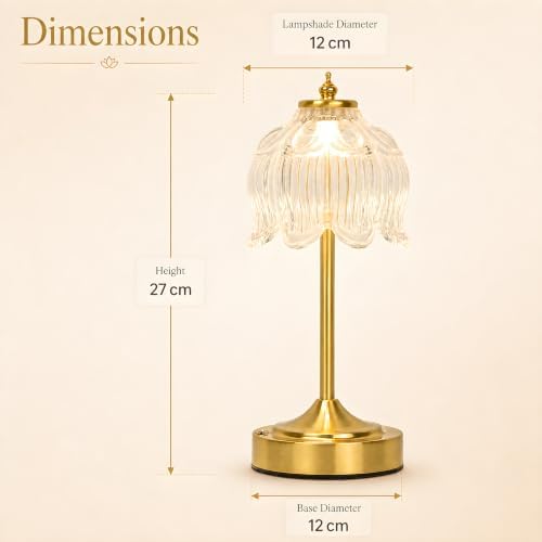 Lotus Flower Table Lamp, Cordless Rechargeable Amber Glass Bedside Lamp | 3600mAh Battery, Touch Control, 3 Color Modes & Stepless Dimming for Bedroom, Nightstand Clear White 1PC - Image 4