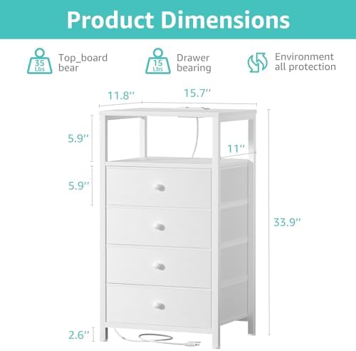 BOLUO Tall Night Stand with Drawers, White Nightstand with Charging Station and LED Light, Small White 4 Drawer Dresser for Bedroom, Room Storage Closet - Image 3