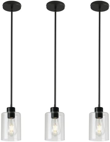 3 Pack Black Pendant Lights Kitchen Island, Modern Industrial Matte Black Hanging Light Fixtures, Adjustable Downrod Farmhouse Glass Pendant Lighting for Dining Room Bedroom Hallway Entryway by KLSSLighting