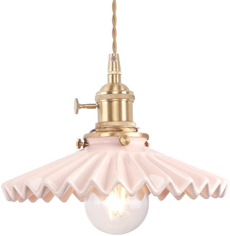 Shenmoyl Pendant Light with Pink Pleated Ceramic Lmapshade, Brass Vintage Pendant Light Adjustable Hanging Light for Kitchen Island Dining Room Hallway by Shenmoyl