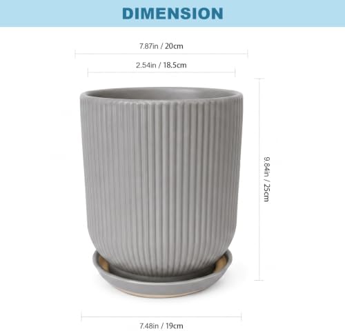Deep Dream 8 Inch Ceramic Pots for Plants, Heavy Plant Pot for Indoor Outdoor Plants, Large Plant Pot with Drainage Hole and Saucer, Modern Tall Flower Pot, Gifts for Plant Lovers, Grey - Image 3