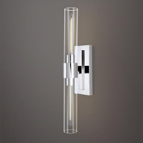 Nickel Bathroom Vanity Light, 2-Light Bathroom Wall Sconce Over Mirror, Chrome Vanity Lights for Bathroom, Dimmable Vanity Sconce with Glass Tube, Indoor Linear Wall Sconce Vertical & Horizontal, 1 PC by Joyunleo